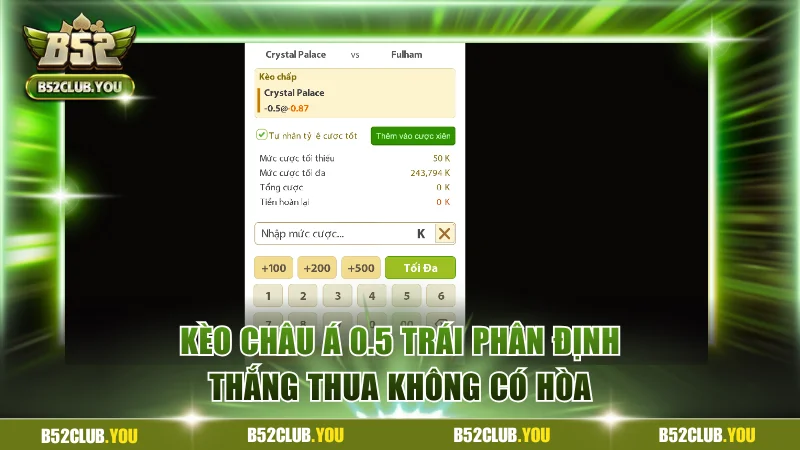 Kèo châu Á 0.5 trái phân định thắng thua không có hòa